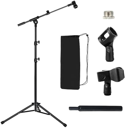 Tripod Mic Stand Floor Boom Arm for Blue Yeti Q2U SM57 SM48 Fifine K6 K688 | Floor Stand for Singing, Podcasting - Sturdy Base, Adjustable Height, Carrying Bag, 5/8" Adapter, 2 Mic Clips, Cable Ties