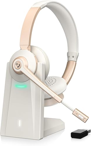 Wireless Headset, Bluetooth Headset with Microphone AI Noise Canceling & USB Dongle, On-Ear Wireless Headphones with Mic Mute & Charge Dock for Work Computer Phone Office Call Meeting