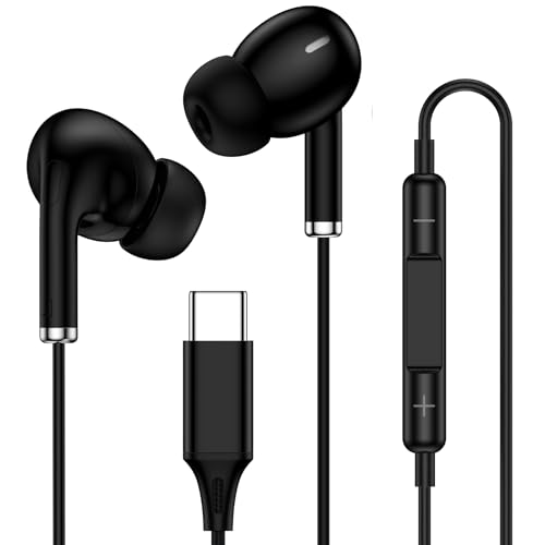 USB C Headphones with Mic HiFi Stereo Earphone for Samsung Galaxy S26 Ultra | USB C EarBuds Noise Cancelling Nylon Braided Wired Ear buds for iPhone 17 16 Pixel 10a 10 9 Pro XL Samsung S26 S25 FE A17 A16 - color: Black