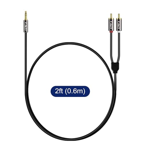 J&D 3.5mm to RCA Cable, Gold-Plated 3.5mm Male to 2RCA Male Stereo Audio Adapter, Heavy Duty Shielded Aux Cable for Home Theater, Speakers, Turntable, TV, Soundbar, 2 Feet - size: 2 Feet
