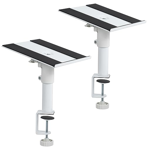 VIVO Clamp-on Speaker Stand Desk Mount Set, 10 x 9 inch Trays, Height Adjustment and Tilt, Universal Audio Holders for Computer and Bookshelf Speakers, Elevated Sound, 2 Pack, White, MOUNT-SP01CW - color: White