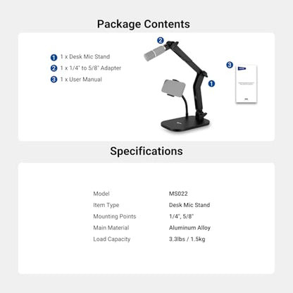 NEEWER Desk Microphone Stand with Phone Clamp & Flexible Arm, Adjustable Table Top Mic Holder Mount with 1/4" to 5/8" Screw Adapter Compatible with Blue Yeti Razer Seiren Mini, Max Load 3.3 lbs, MS022 - style: MS022