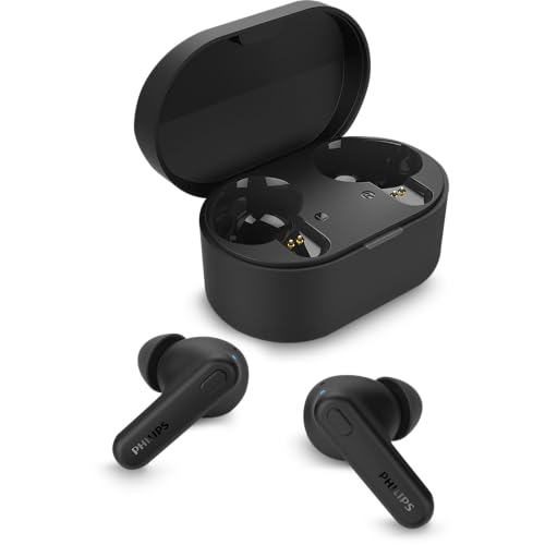 PHILIPS TAT1108 Wireless Earbuds,True Wireless Headphones,Powerful Bass with 6 mm Driver,Clear Call with AI Mic,15-Hour Battery Life,Bluetooth v5.3,IPX4 Rating,Ergonomic Design for Comfort,Black - size: With tips, style: T1108|Slim design