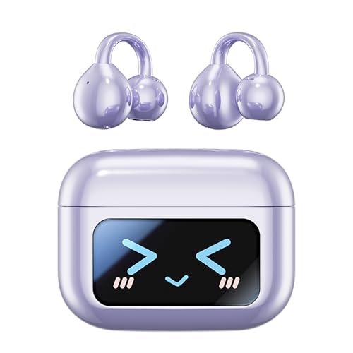 Open Ear Clip Headphones Wireless Earbuds Bluetooth 5.4 Sports Earphones with Wireless LED Touch Screen Waterproof in Ear Earphones for Pad Tablet Laptop Android/iOS Phones (Purple) - color: Purple