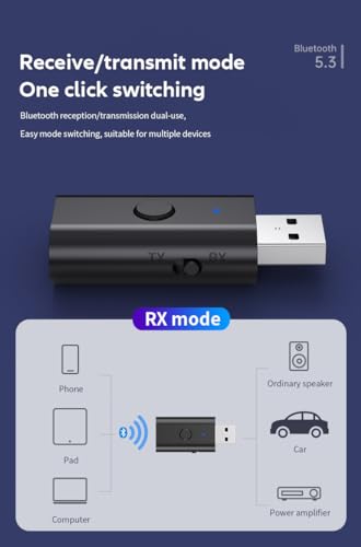 5.3 transceiver 2-in-1 USB Bluetooth Adapter,3.5mm Aux Wireless Adapter, Low Latency, Built in Mic, Music Streaming, Handsfree Calls,Power by USB for PC Home/Car Sound System