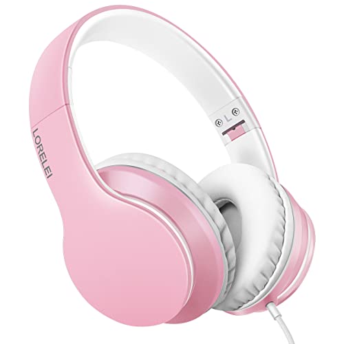 LORELEI X6 Over-Ear Headphones with Microphone, Lightweight Foldable & Portable Stereo Bass Headphones with 1.45M No-Tangle, Wired Headphones for Smartphone Tablet MP3 / 4 (Pearl Pink) - color: Pearl Pink