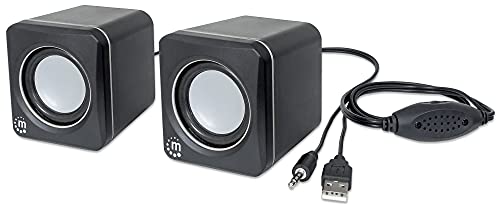 MANHATTAN USB Powered Stereo Speakers, 3.5mm Audio Plug, Volume Control, Bl | USB bus- compact pair with inline level knob, 3 ft lead, 90 Hz-20 kHz response, 166898 - color: Black Silver