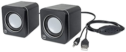 MANHATTAN USB Powered Stereo Speakers, 3.5mm Audio Plug, Volume Control, Bl | USB bus- compact pair with inline level knob, 3 ft lead, 90 Hz-20 kHz response, 166898 - color: Black Silver