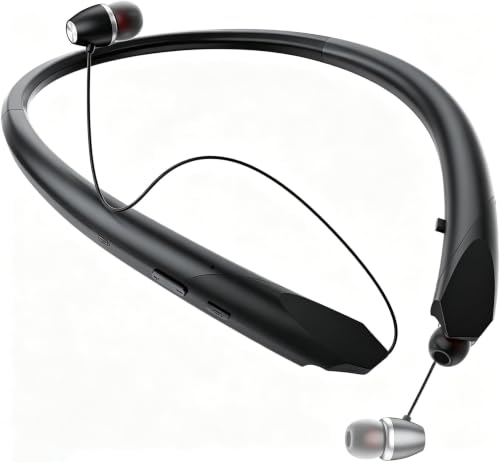Retractable Neckband Bluetooth Headphones, Bluetooth 6.0 Wireless Neck Earbuds with Auto Retractable Ear Cables, 24H Playtime HiFi Deep Bass Stereo Headset for Sports Workout Commute Work Meeting
