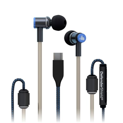 DefenderShield Air Tube Stereo Earbuds USB-C - Universal Acoustic Wired Headphones with Mic & Volume Control - style: USB-C