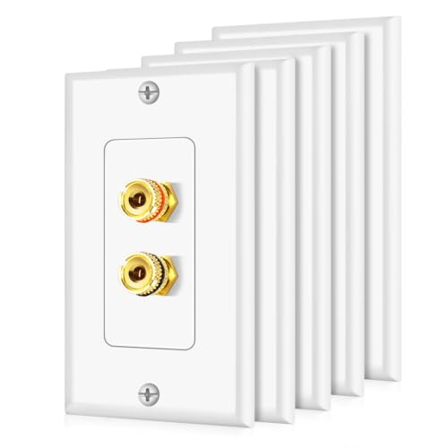 TNP Home Theater Wall Plate - Banana Plug Wall Plate, 1 Speaker Wire Wall Plate with Gold-Plated Terminals, Single Gang Audio Wall Plate, in-Wall Surround Sound Connection Plates, White, 5 Pack - size: 1-Speaker, 5 Pack