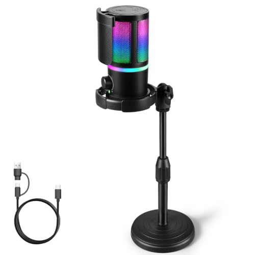 USB PC Gaming Microphone with RGB Light, Volume Control, Mute Button, Headphone Monitoring Jack. Compatible with Windows, MAC, PS4/PS5.