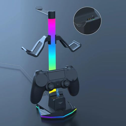 Zunate 3 in 1 RGB Gaming Controller Charging Stand with Headphone Holder, Dual USB and USB C Ports, 4 Lighting Modes, Dock for 2 Game Controllers and Headsets