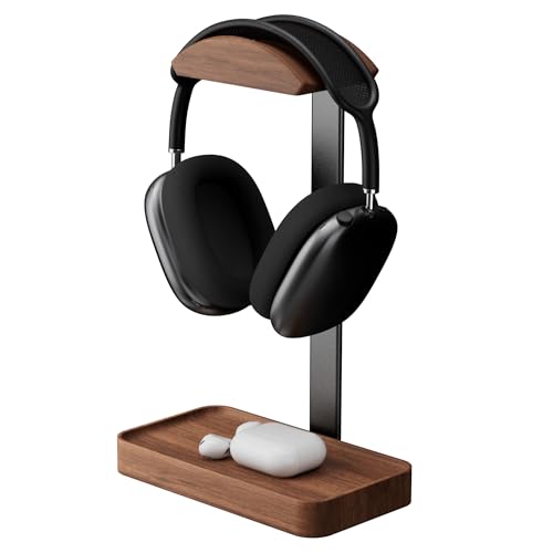 muso wood Walnut Headphone Stand, Wood Headset Stand with Storage Base | Desk Holder for Gaming & Office, Compatible with AirPods Max, Bose, Razer Headsets - color: walnut wood