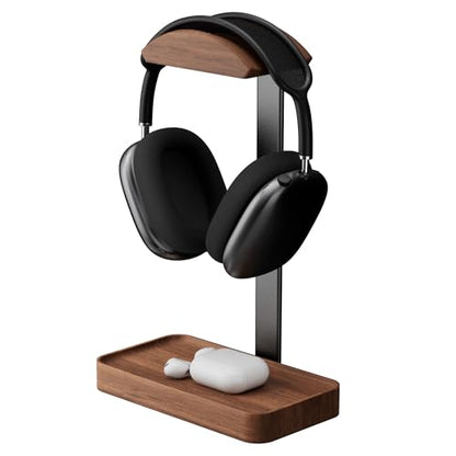muso wood Walnut Headphone Stand, Wood Headset Stand with Storage Base | Desk Holder for Gaming & Office, Compatible with AirPods Max, Bose, Razer Headsets - color: walnut wood
