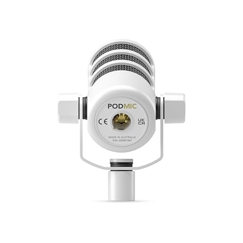 Rode PodMic White (Pair) Cardioid Dynamic Broadcast Microphones with 2X Mini Tripod Desktop Mic Stands and 2X XLR Cables
