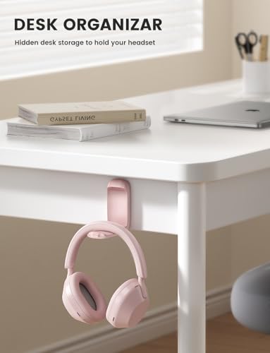 Lamicall Headphone Stand, Sticky Headset Holder, Foldable Headphone Holder | Compact Headphone Hook Mount, Adhesive Hanger Clip Under Desk, Earphone Clamp for Airpods Max, HyperX, Sennheiser, Pink - color: Pink