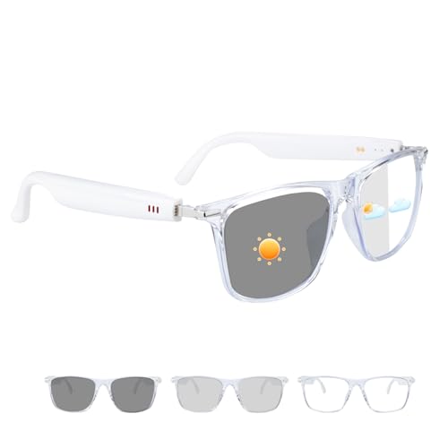 Smart Glasses for Women Clear Frame Open-Ear Bluetooth Glasses | Built-in Mic and Speaker, Photochromic Lenses, Touch Control Hands Free Call, Voice Assistant Compatible with Android & IOS - color: White