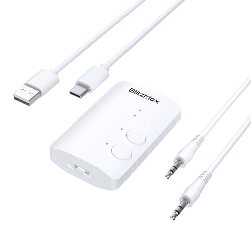 Bluetooth 5.3 Adapter Transmitter/Receiver 2-in-1 Mini Wireless with 3.5mm Audio Cable, Dual Link AptX Adaptive Bluetooth Adapter for Airplane/PC/TV/Car/Gym - White, Black