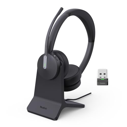 Yealink BH70 with Stand Wireless Bluetooth Headset with Microphone for Work, up to 35h Talking Battery Life, 3 Noise Cancellation Mics, Teams Certified, ≤90min Fast Charging, NO Power Adapter Needed - color: Black(Dual+stand), style: Teams(USB-A)