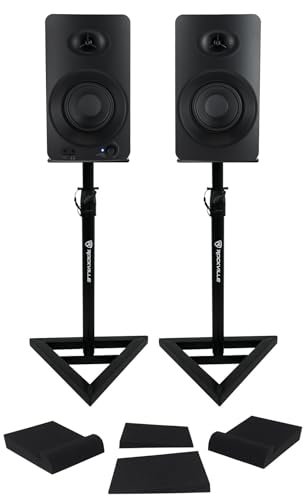 Rockville ASM4 4" Powered Active Studio Monitor Pair with RVSM1 Stands | 200W Peak / 50W RMS, Class D, Bluetooth 5.0, Optical/TS/RCA/3.5mm Inputs, DSP Tuned, RRS190S 3-Angle Isolation Pads, 6-items