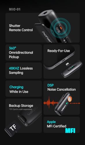 hohem MIC-01 Wireless Lavalier Lapel Microphone for iPhone iPad, with Noise Cancellation,MFi Certified,Remote Contro,Built-in Storage,20H Battery Life, Wireless Microphone for Live Stream