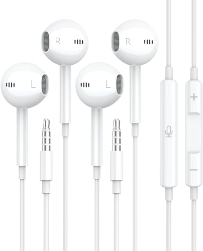 Wired Earbuds [Clear Call Mic], 3.5mm Headphones for iPhone/iPad/Radio | 2 Pack, MFi, HiFi, Noise Cancelling, School/Travel/Airplane - color: White
