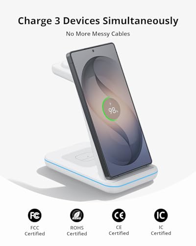 JoyGeek 3 in 1 Wireless Charging Station for Samsung&Android, Charger Stand for S26/S25/S24/S23/S22/S21/S20/Note20/Z Fold&Flip Series, Galaxy Watch8/7/6/5/4/3/Active2/1, Buds 3 Pro - color: White