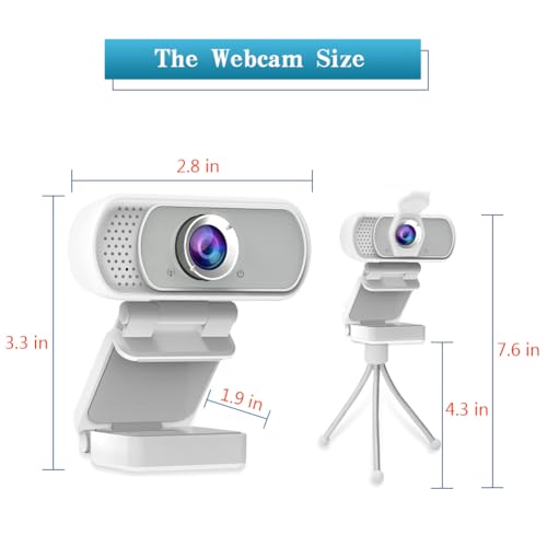 1080P Webcam with Mic Privacy Cover Tripod Stand 110 FOV PC | 1080P webcam with built-in microphone, privacy cover, tripod stand, 110 degree wide angle, USB plug and play for PC laptop - color: White