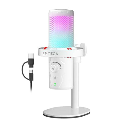 CMTECK USB 마이크, 스튜디오 품질, PC/노트북용 맞춤형 RGB 조명 | LED로 빠른 음소거, 플러그 앤 플레이, 노이즈 캔슬링. 3.5mm 제로 레이턴시 잭 및 게인. 팟캐스트, 스트리밍용 - color: 화이트.