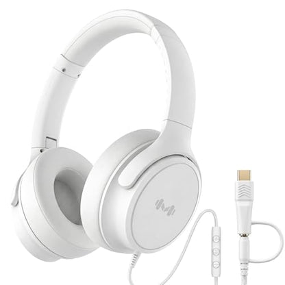 Wired Over-Ear Headphones, Mic, 3.5mm Plug, USB-C Adapter, White - color: White