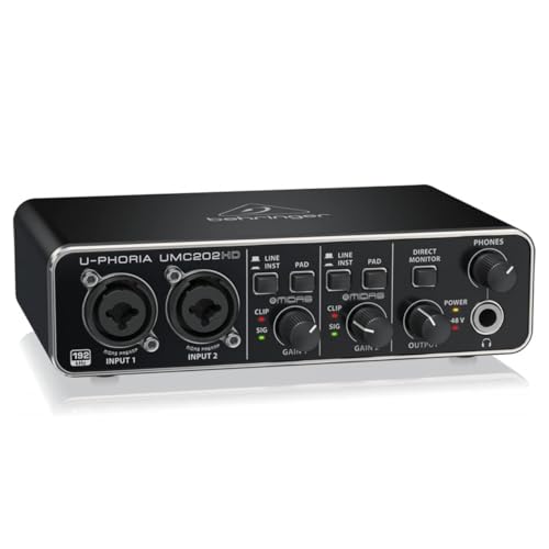 Behringer UMC202HD Audiophile 2x2, 24-Bit/192 kHz USB Audio Interface with Midas Mic Preamplifiers | For Recording Microphones and Instruments