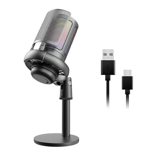 USB Microphone for PC Gaming Color Lighting Mic Mute Button Condenser with Knob Solid Base - color: Black