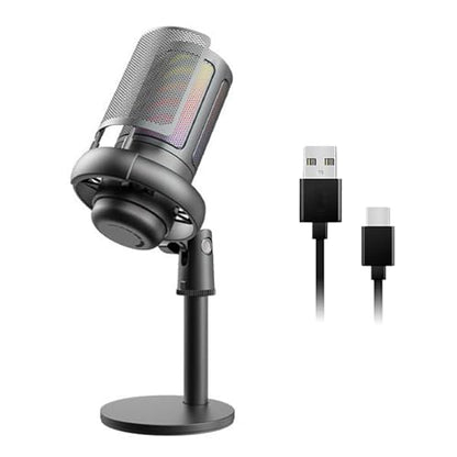 USB Microphone for PC Gaming Color Lighting Mic Mute Button Condenser with Knob Solid Base - color: Black