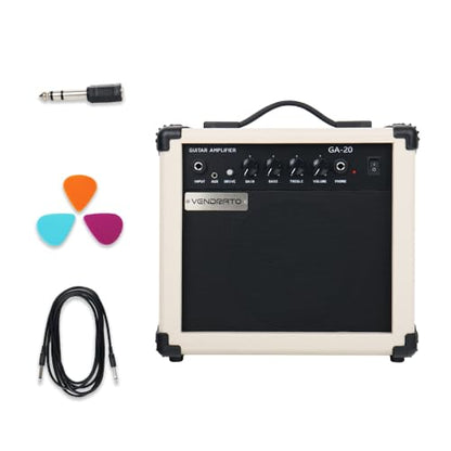 Electric Guitar Amplifier 20w amp Cream White Color gain bass Treble 3.5mm aux in Drive 6.5mm Guitar Input Headphone Portable for Beginner Starter Practice Travel amp noiseless Cable Pick and Adapter - color: White