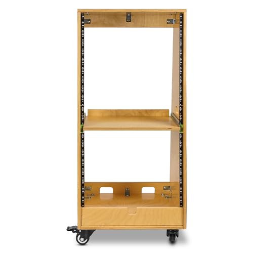Sound Town DIY Slanted 20U Studio Rack (12U Top + 8U Lower), with 2U Bottom Storage, Slide-Out Tray, Caster, Plywood, Golden Oak for Recording Room, Home Studio (SDRK-ST20T) - size: 20U(12U Top + 8U Lower),Golden Oak