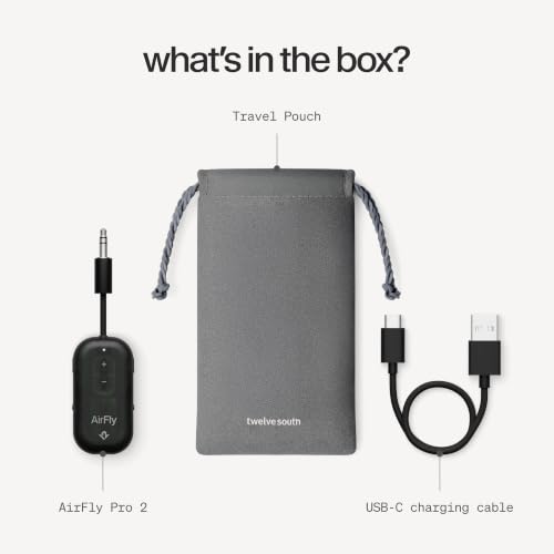 Twelve South AirFly Pro 2, Bluetooth Adapter, Pair 2 AirPods, Black Ice | Pair 2 AirPods or Wireless Headphones – 3.5mm AUX Bluetooth Transmitter and Receiver for Cars, Boats, Treadmills, TVs & More - color: Black Ice, style: AirFly Pro 2