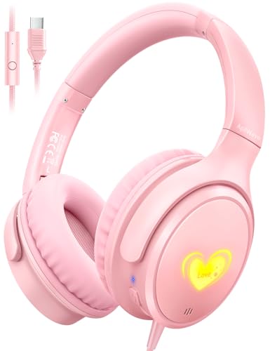 Kids Headphones Wired with HD Mic, USB C Headphones, Over Ear Headphones | LED Lights, 94dB Volume Limit, Stereo Sound Portable Foldable Lightweight for School/iPad/Tablet/Airplane Travel/Toddler - color: Pink