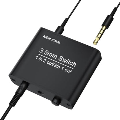 3.5mm Audio Switch, Aux Stereo Headphone Switcher Box, Bi-Directional 1 in 2 Out Splitter/2 in 1 Out Mixer, with Manual Selector and Y Button(Dual Input/Output), for Speaker/Laptop/Phone