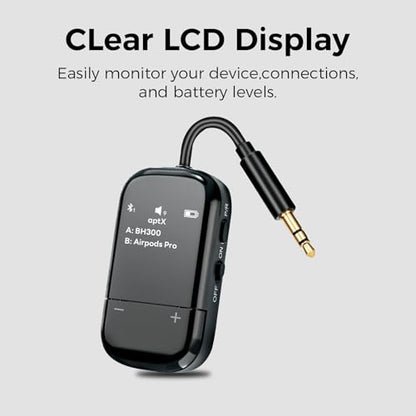 Airplane Bluetooth 5.3 Audio Transmitter with Qualcomm aptX Adaptive, LCD Display, Dual Device Support, 30Hr Battery, 3.5mm AUX for Travel, Flight, Gym