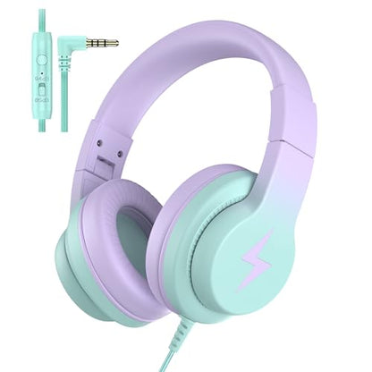 Candy Bila Wired Kids Headphones for School, Over-Ear for Boys Girls | Volume Limiter 85/94dB, HD Stereo Sound, Microphone and Wired Control,Foldable Design, Gradient Purple - color: Light Purple