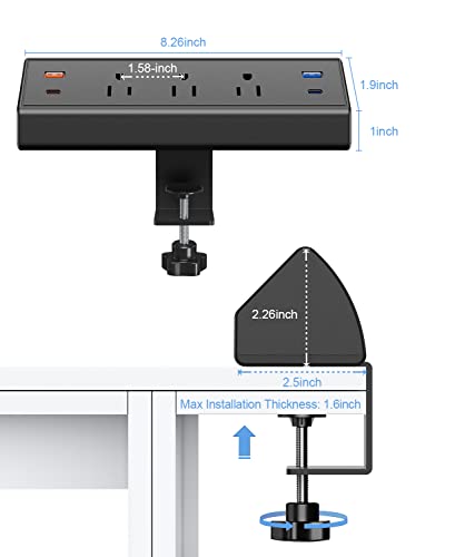 Desk Clamp Power Strip with USB C,65W Fast Charging Station for iPhone 14 Pro Max iPad MacBook Air,Power Supply for Desk Edge Mount,3 Widely Spaced Outlets Surge Protector,6ft Cord (Black)