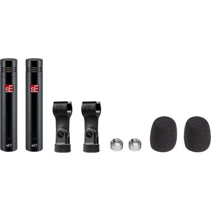 sE Electronics sE7 소형 다이어프램 콘덴서 마이크 (일치 스테레오 페어), 터치 패스너 스트랩 포함 (10팩), 6.1m(20피트) XLR 케이블 2개 및 팝 필터 번들 2개
