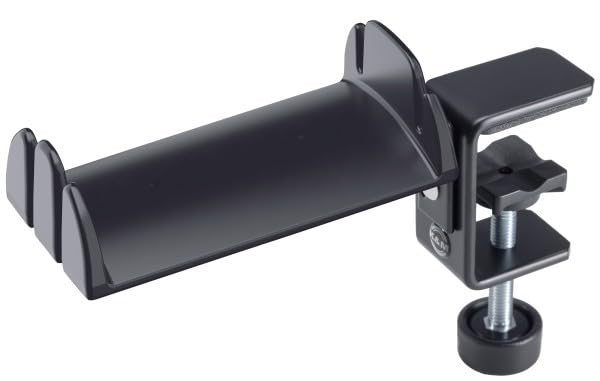 K&M Konig & Meyer 16090.000.55 Headphone Clamp-On Table Holder, Protective Rubber Padded Arm, Table/Shelf Mount, Steel Design, Headset Accessory w/Earbud, Headphone Jack Cable Rack, German Made