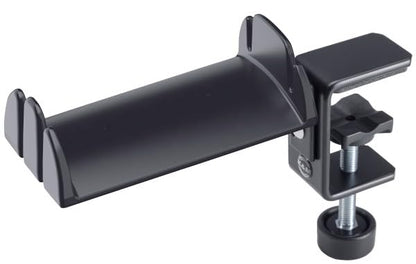 K&M Konig & Meyer 16090.000.55 Headphone Clamp-On Table Holder, Protective Rubber Padded Arm, Table/Shelf Mount, Steel Design, Headset Accessory w/Earbud, Headphone Jack Cable Rack, German Made