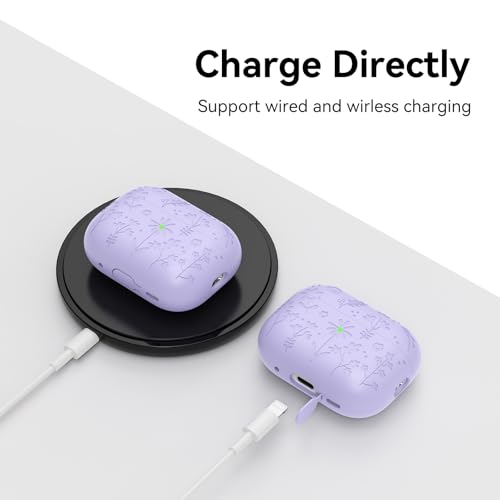 Compatible with AirPods Pro 2 Case USB C, Flower Engraved Cute Silicone Protective Case Cover for Airpods Pro 2nd Generation with Cleaner Kit and Lanyard for Women Girls (Purple) - color: Purple