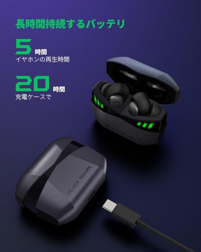 Black Shark Wireless Gaming Earbuds with Charging Case, Hi-Fi Stereo Bluetooth Game Earphones with Noise Cancelling Microphone, IPX5 Waterproof Premium Deep Bass for iPhone Android Sport Workout Music