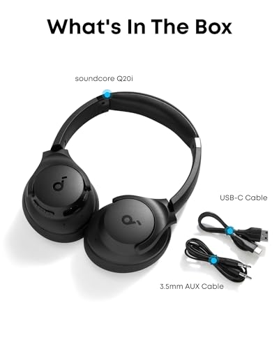 Soundcore by Anker Q20i Hybrid Active Noise Cancelling Headphones, Renewed | Over-Ear, Bluetooth, 40H ANC Playtime, Hi-Res, Big Bass, Transparency Mode, Customize via App, Travel, Home, Office - color: BLACK