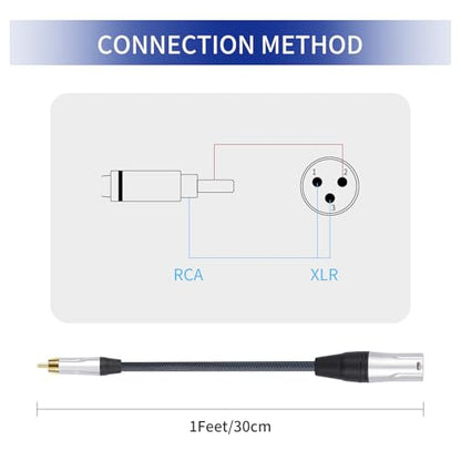 1FT RCA Male to 3Pin XLR Male Audio Cable,Balance XLR to RCA Unbalanced Mixer Audio Cable,24K Gold-Plated Plug/Heavy-Duty zinc Alloy Shell/Braided Shielded Cable-2 Pack - color: RCA M To XLR M, size: 1FT