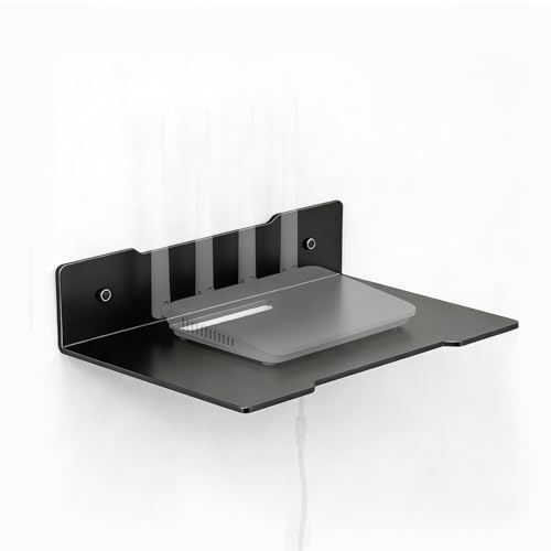Floating Shelves Wall Mount, Drillable/No-Drill Wide Metal Shelves with Cable Hole - Carbon Steel Bracket for Router & Camera, Home Office Bedroom Storage Shelf (Medium) - size: Medium